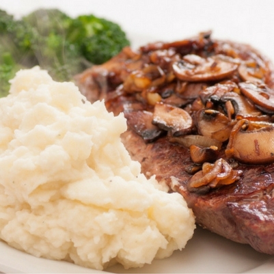 Steak and Sauteed Mushrooms with Roasted Garlic Mashed Potatoes